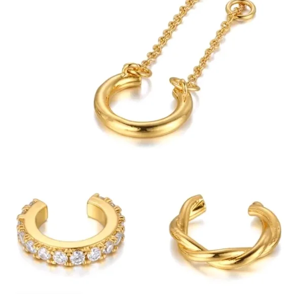 Gold Ear Cuff Set - Minimal Layered Hoops & Chain - Picture 6 of 6